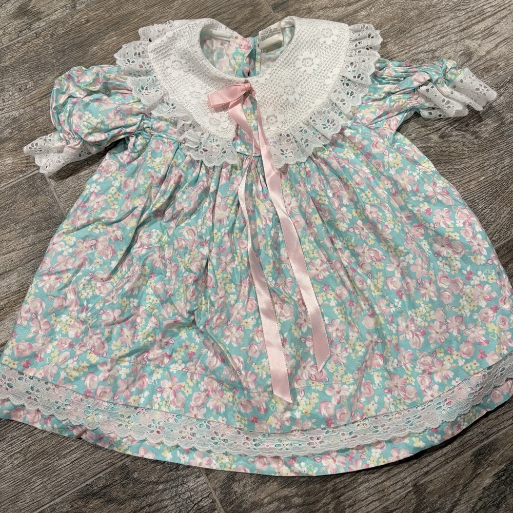 Vtg Girls Floral Party Dress Sz 3T Pink Green Yellow Lace Trim Collar Ribbon